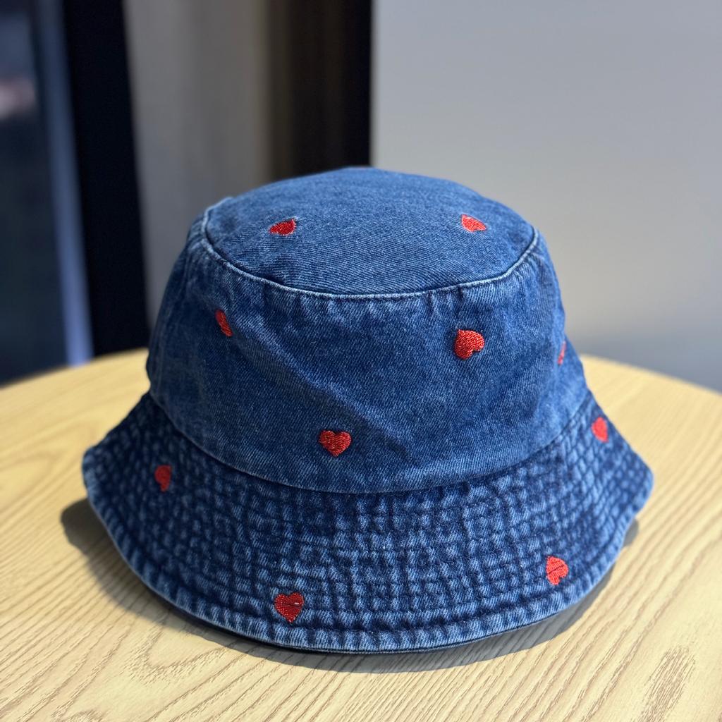 Spring and summer versatile heart-embroidered blue denim bucket hat for women, with wide brim that makes the face look smaller, provides sun