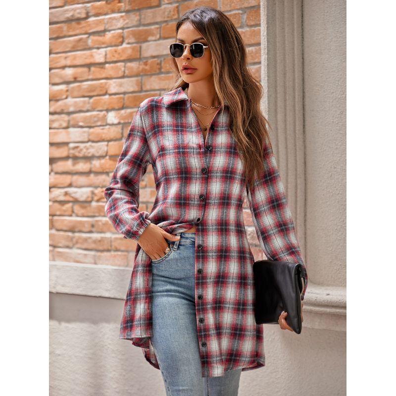 

Casual Shirt Dress Fall and Winter Fashion New Arrival Women s Casual Shirt Plaid Single-Breasted Long Sleeve Dress Red L