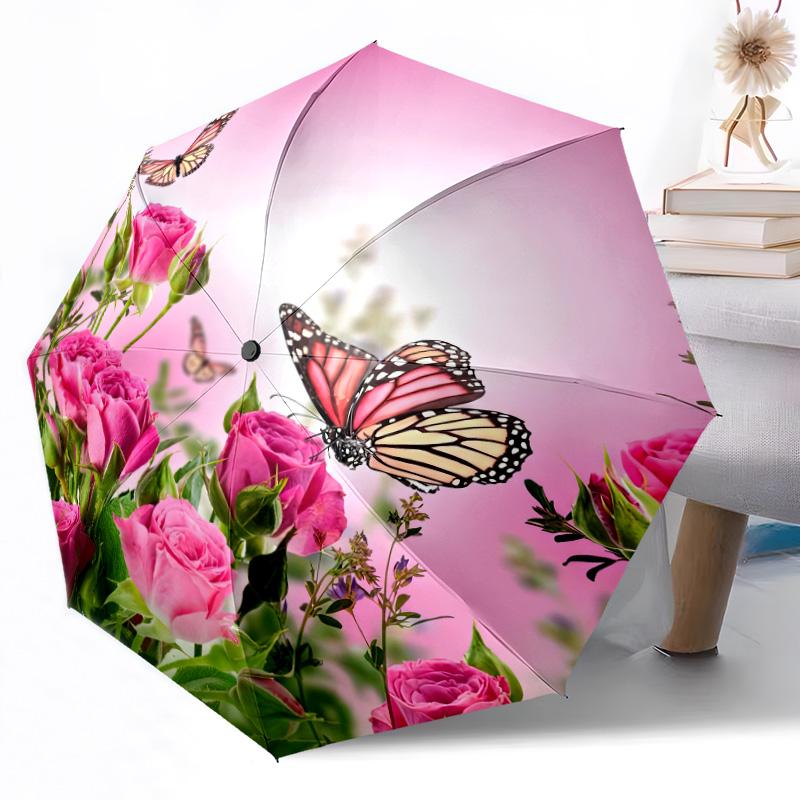 1pc Purple Butterfly Garden Automatic Umbrella with 8 Rib Sturdy Construction All Season Women's Umbrella for Travel Fashion Lovers Birthday Y10