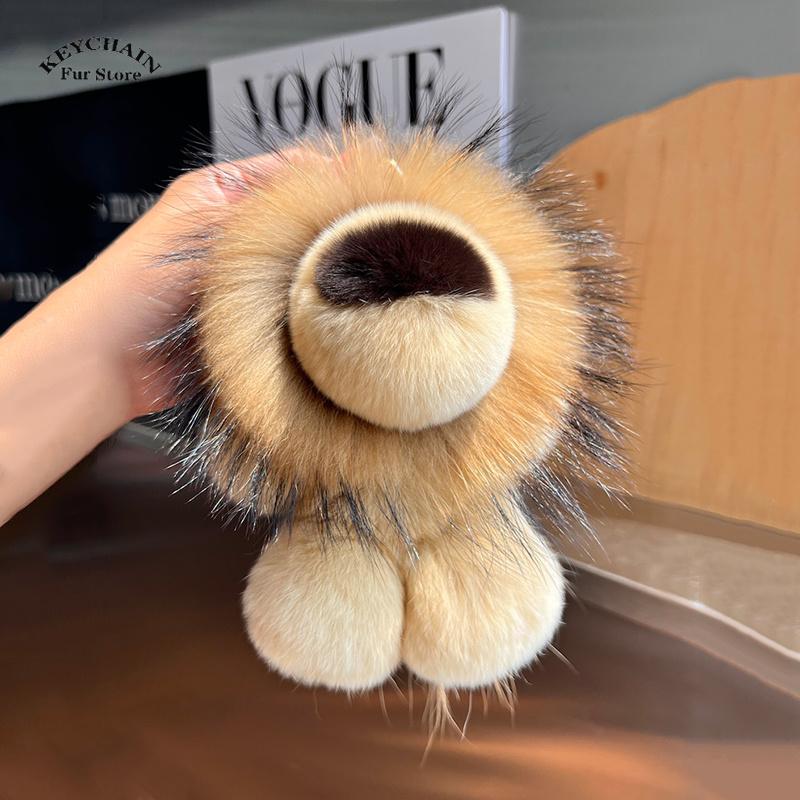 Cute Lion Real Rex Rabbit Fur Keychain Plush Toys Trinkets Women Bag Ornaments Pendant Car Keyring Rearview Mirror Decoration