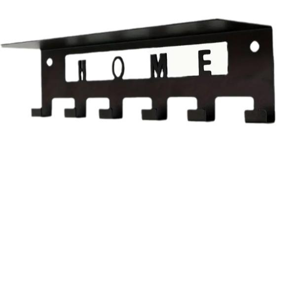 Wandmontierte schwarze Metall-Garderobe mit Regal und 6 Haken