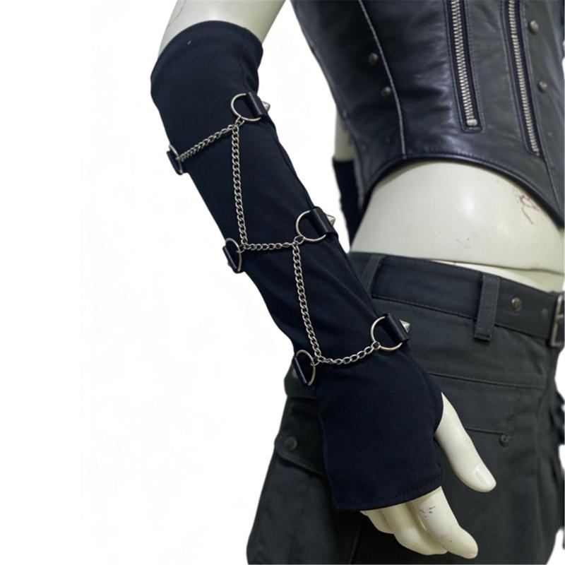 Dark Gothic Chain Long Fingerless Gloves Wrist Wrap Decorative Arm Sleeves For Women Punk Fashion And Stage Performances