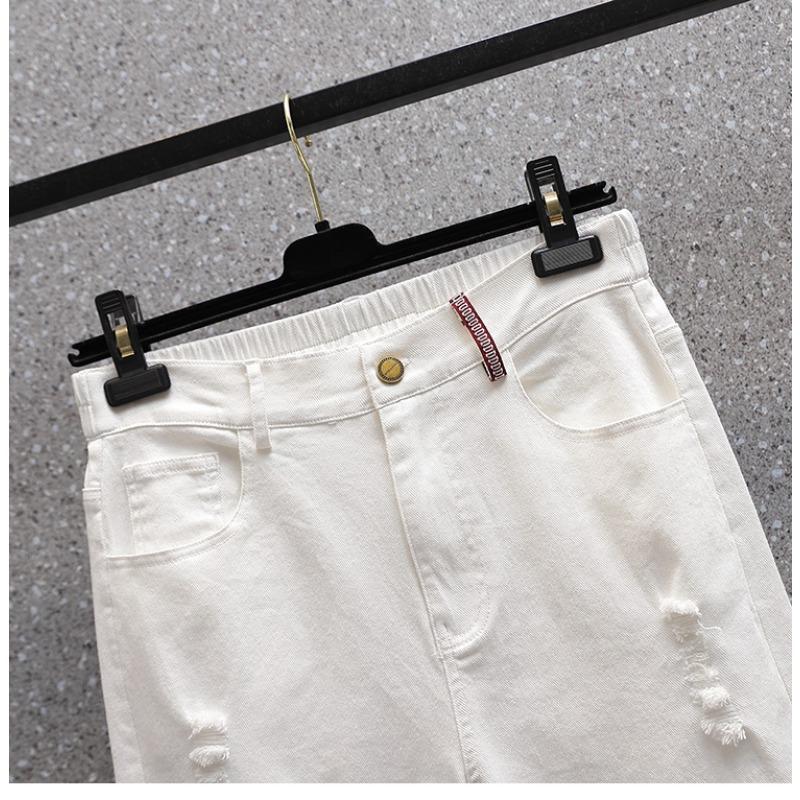 DIMANAF Plus Size Jeans Shorts Pants Women Oversize Loose Casual Belt Cotton Elastic Casual White Pants Fashion Hole