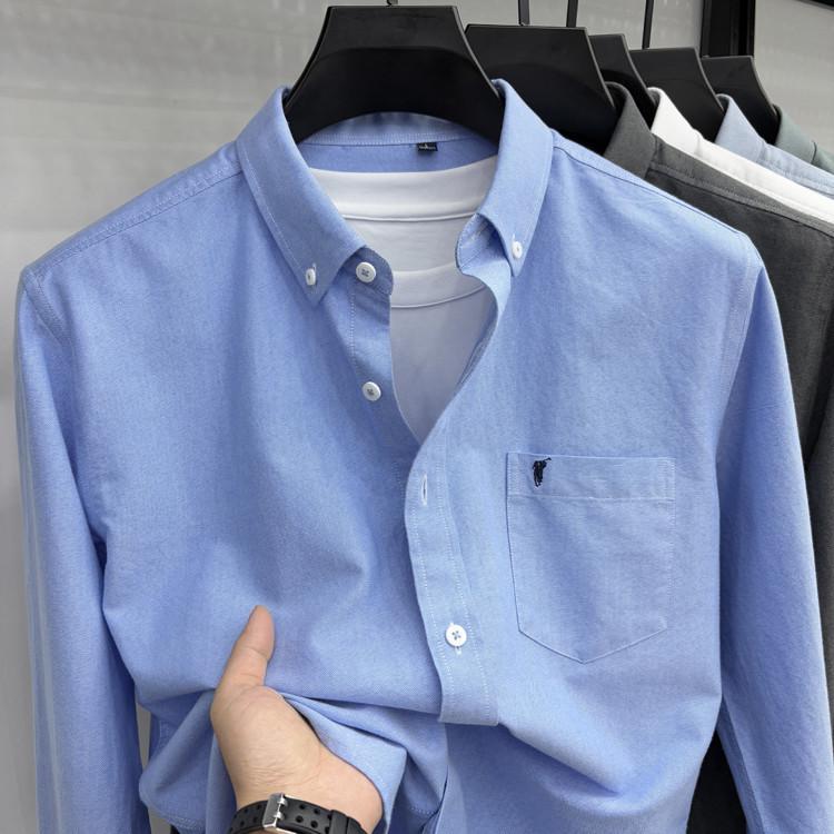 Men's High-End Embroidered Long-Sleeve Solid Color Shirt with Pockets for Spring and Autumn - Business Casual and Versatile
