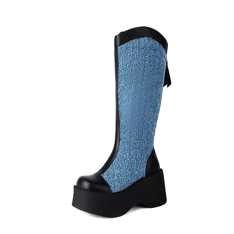 

ANNYMOLI Жіночі ботфорти до коліна в ковбойському стилі, круглий носок, плоска платформа, високі підбори, на блискавці, платформа, західні довгі чоботи, жіноче модне взуття, зима 43 38 чорний