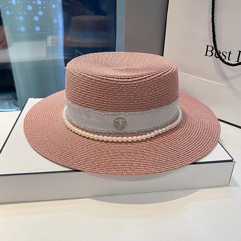 Straw hat women's spring and summer versatile pearl M letter flat top top top hat big brim sunshade sunscreen beach hat shows small face