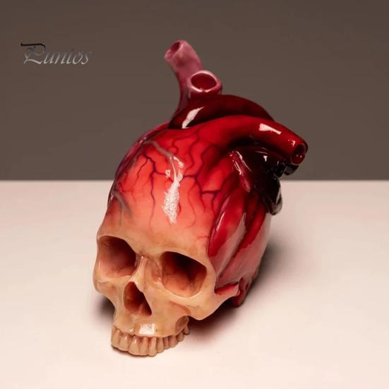 Skull Heart Figurine Spooky Life Size Skull Resin Statue Sculpture Halloween Home Office Desktop Bookshelf Decoration Ornament Festival Gift