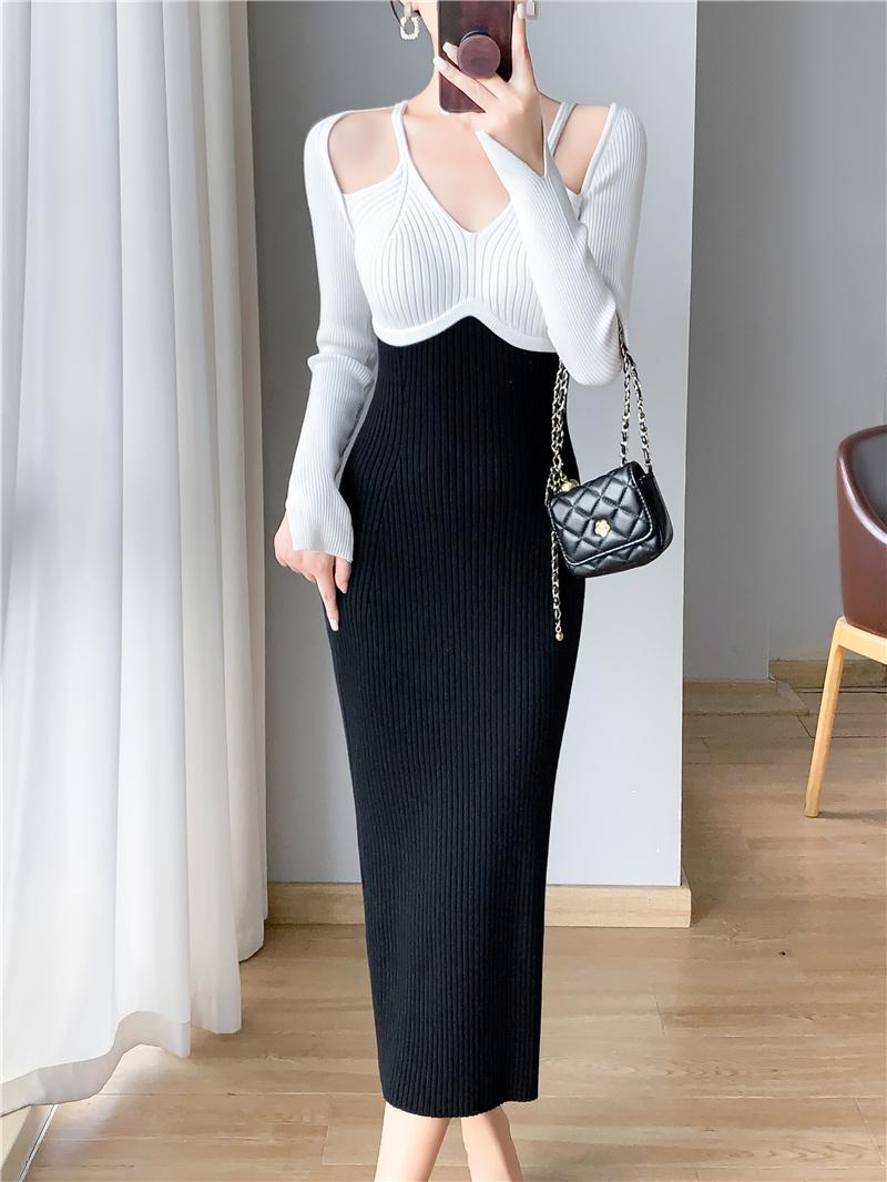 Французское винтажное хип-хоп трикотажное длинное платье женское осенне-зимнее элегантное — фото 15