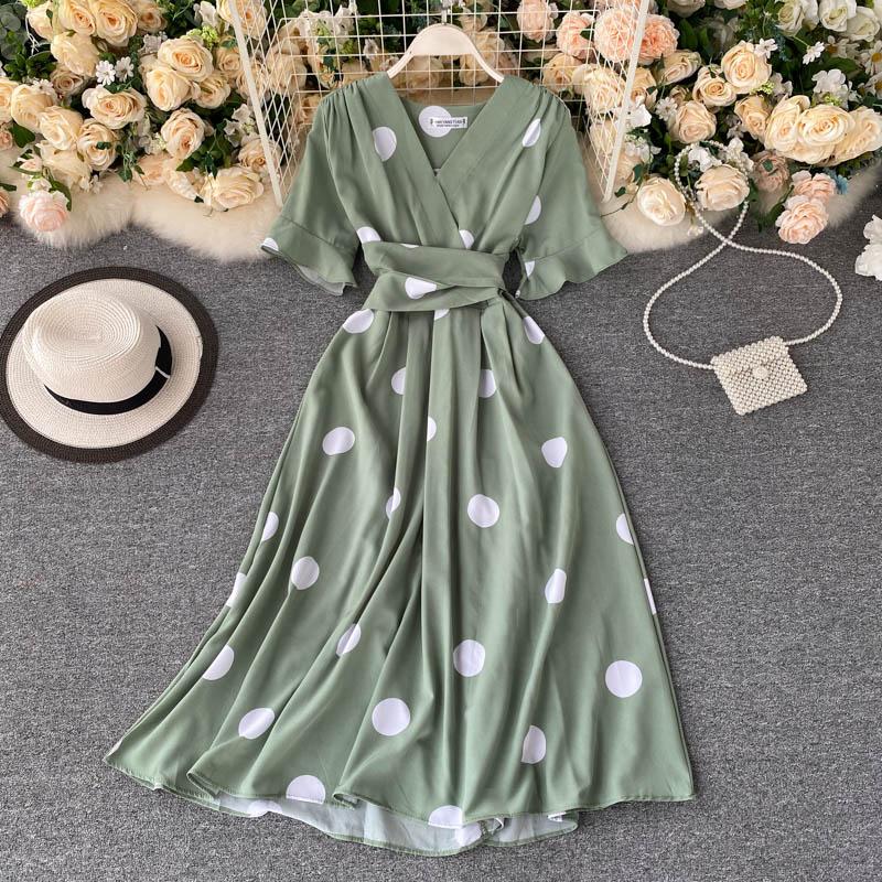 Vintage Knee-Length Dress Women s Design Belted Slimming Tie Waist Summer Short Sleeve A-Line Dress Korean Style One size