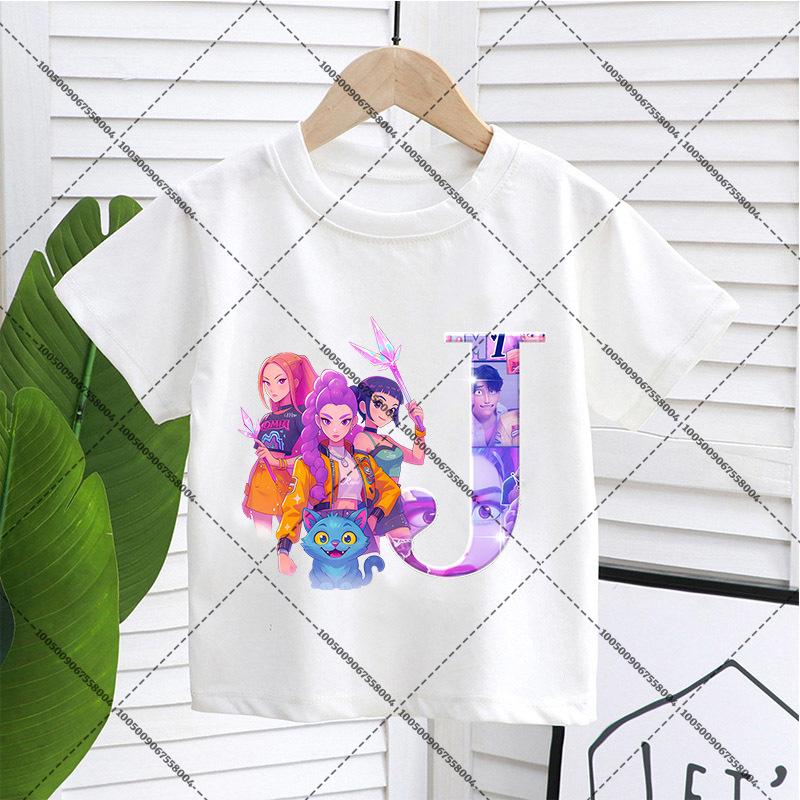 KPop Demon Hunters Child Pullover T-Shirt Cartoon Figure A-Z Letters Short-sleeve Summer Shirt Girl Cotton Casual Loose Clothing