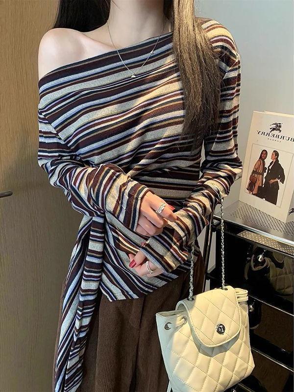 Chic Off-Shoulder Striped Tie-Up Asymmetrical Long-Sleeve T-Shirt for Women