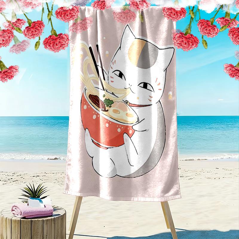 Noodle-Eating Kitten 2D Flat Print Beach Towel, Large Soft Quick Dry Towel for Beach Camping Swimming.MSTJ0918273