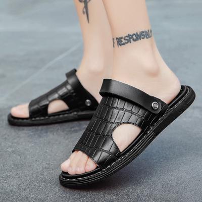 2024 Summer New Genuine Leather Men Slipper Sandals Ultra Lightweight Comfortable Simple Massage Slide Shoes Black Comfort Sole