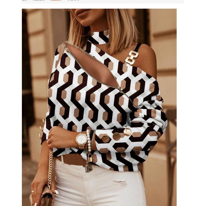 

ИГУАСУ Осень Зима Длинный Рукав Цепочка Халтер Принт Декорированный Пуговицами Топ Женский XXL хаки