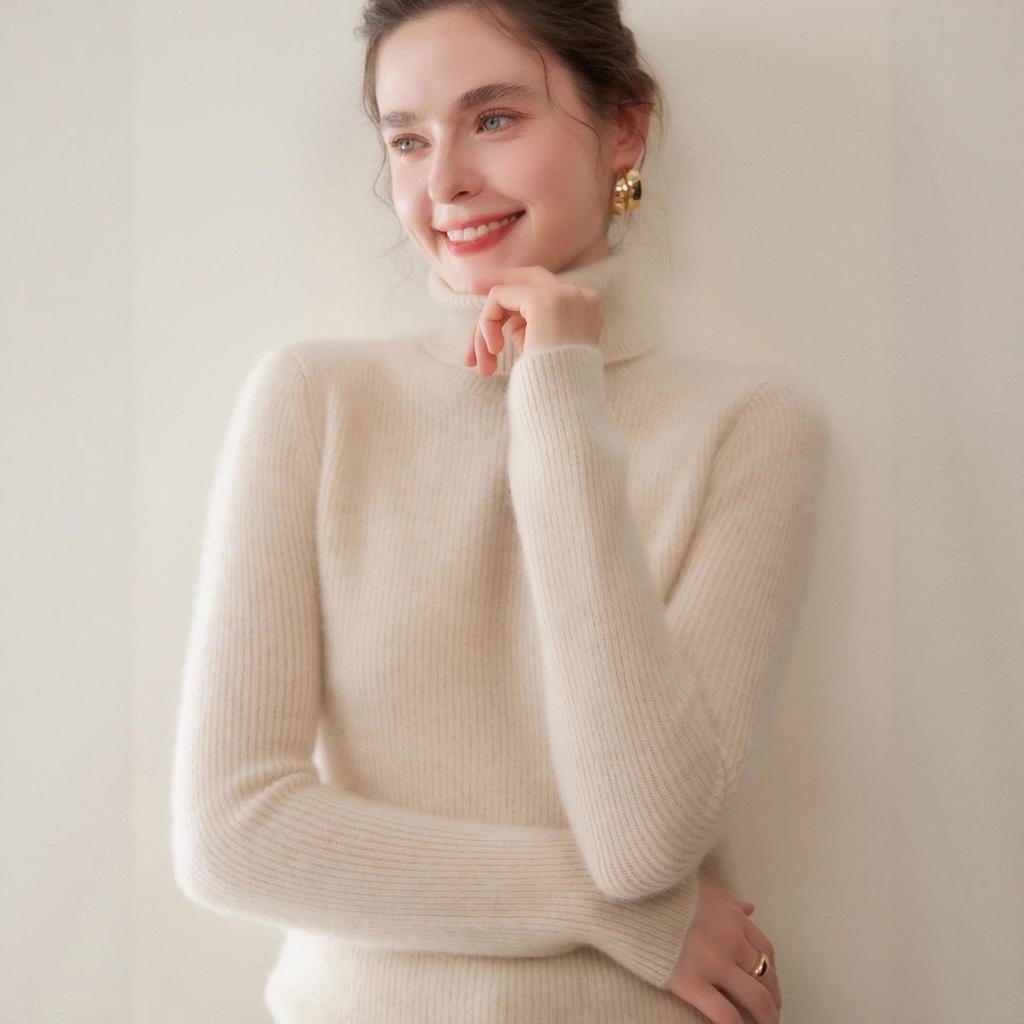 Women's High Neck Cashmere Knit Top - Long Sleeve, Soft, Slimming, Solid Color, Autumn/Winter Style