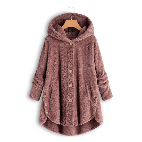 Dámský plyšový kabát s kapucí, dlouhý rukáv, boční lem knoflíčků, jednoduchý náprsní