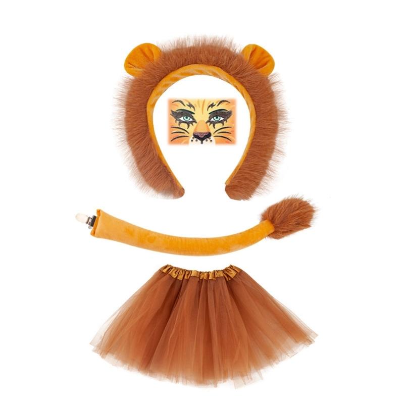

Lion Animal Costume Face Sticker Headband Tail Skirt Halloween Animal Role Play Outfit Accessory