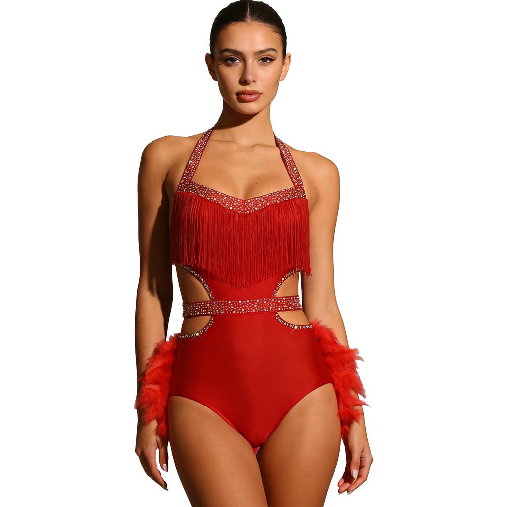 Damen Funkelnde Strass Tanz Bodysuit Kunstfeder Akzente Neckholder Rückenfrei Ärmellos Leotard Latein Kostüm