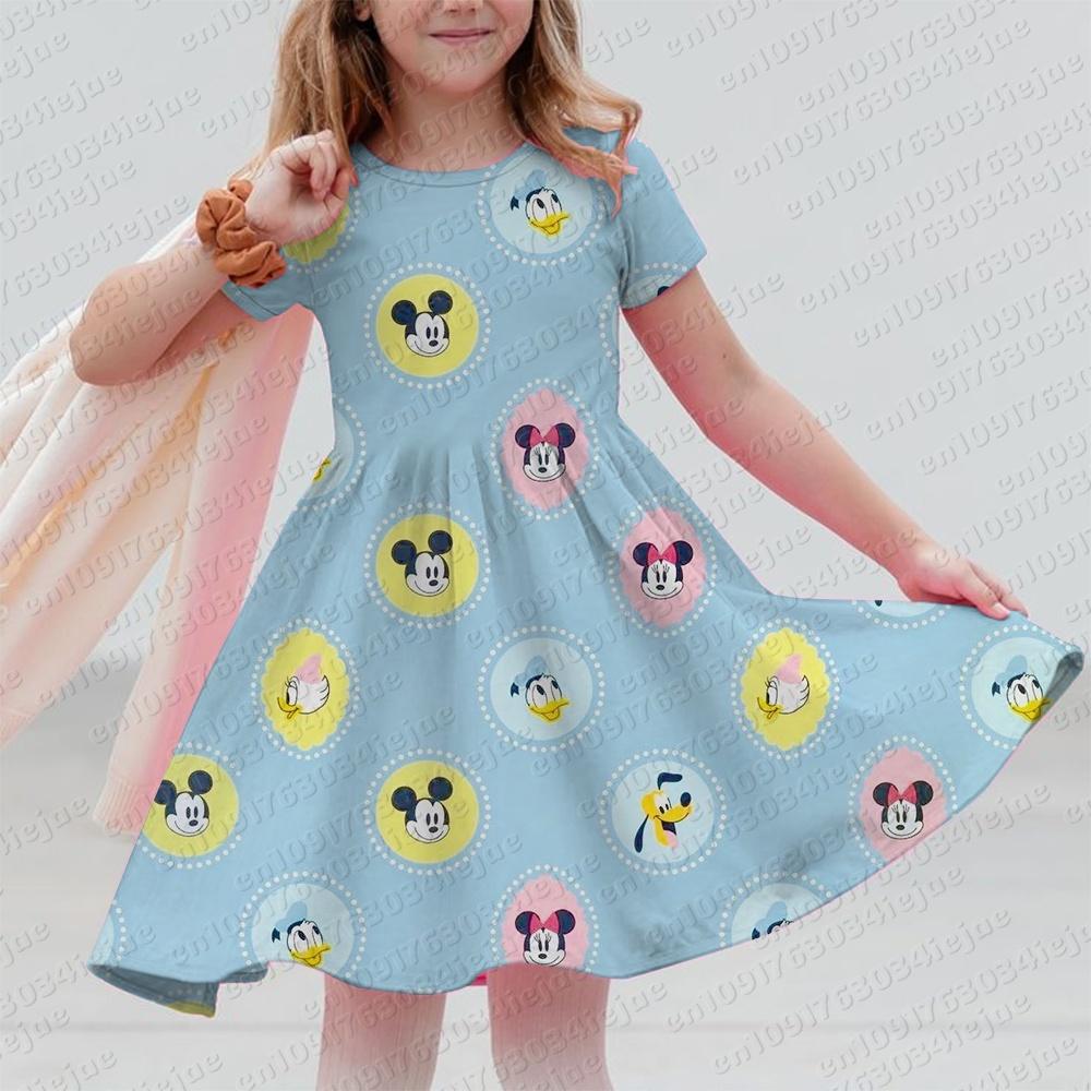 Disney Mickey Mouse Minnie Print Summer Dress Kids Girl Clothes Sweet Desserts Short Sleeve Casua Fashion Birthday Girl Dress