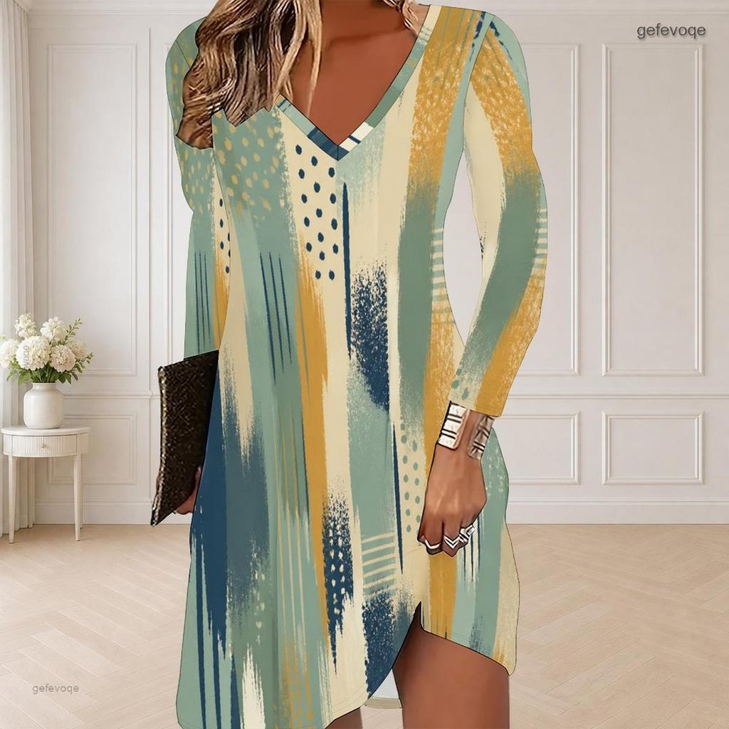 Women Plus Size V Neck Long Sleeve Blue Black Printed Curved Hem Dress