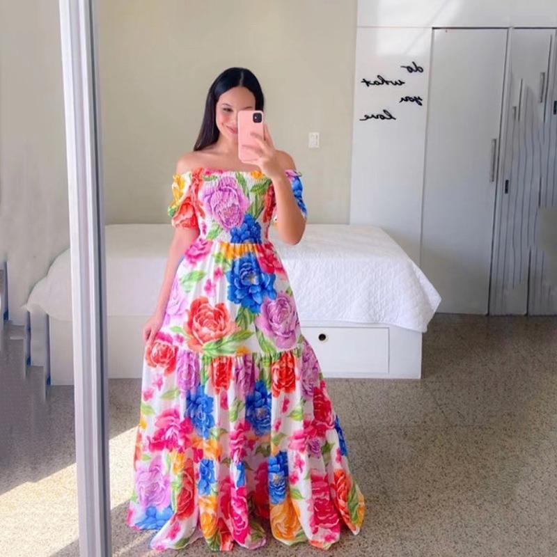 New spring and summer women's dress one-word shoulder floral fashion off-the-shoulder long printed dress
