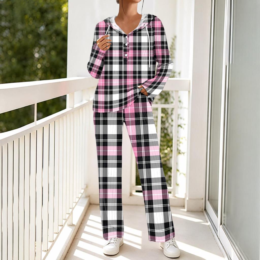 Women's V-Neck Printed Long Sleeve Hoodie Loungewear Set with Pockets - Loose Fit 2 Piece Casual Sleepwear Pajama Set for Home