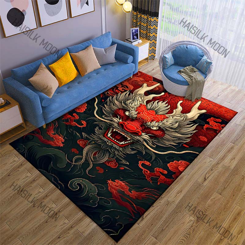 Oriental Dragon Head Print Cartoon Carpet Rug for Living Room Bedroom Sofa Decor Kids Play Home Area Rug Non-slip Mat