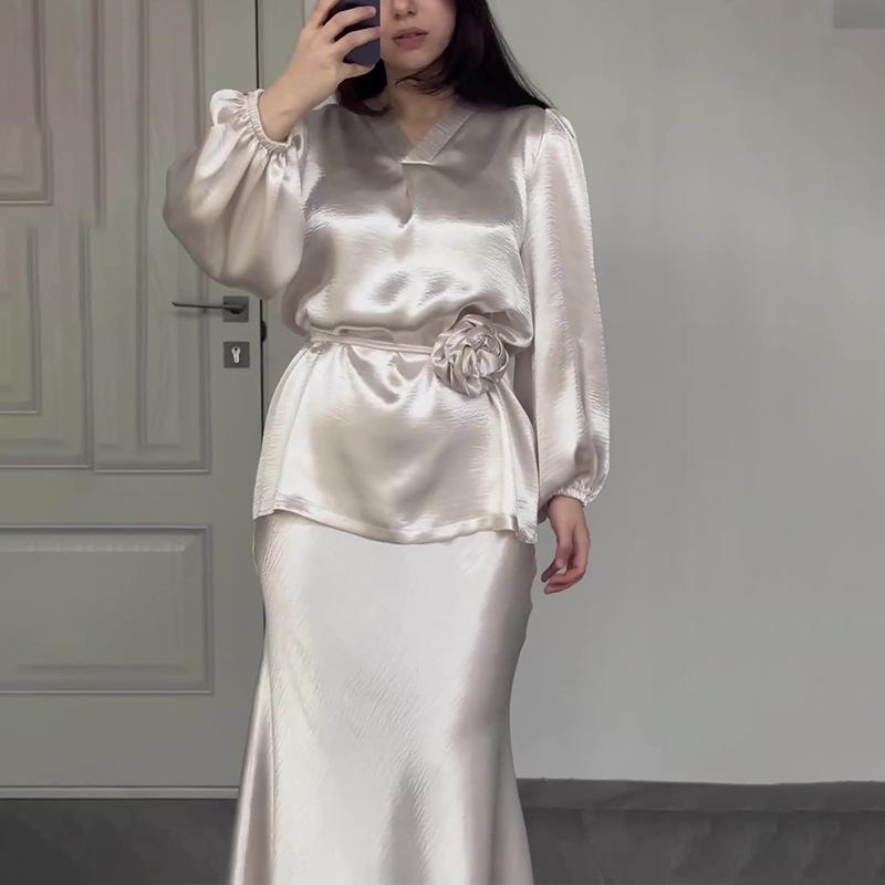 2025 Cross-Border Gratitude Fashion Suit French Elegance Celebrity Temperament Satin Lace-Up Shirt Skirt
