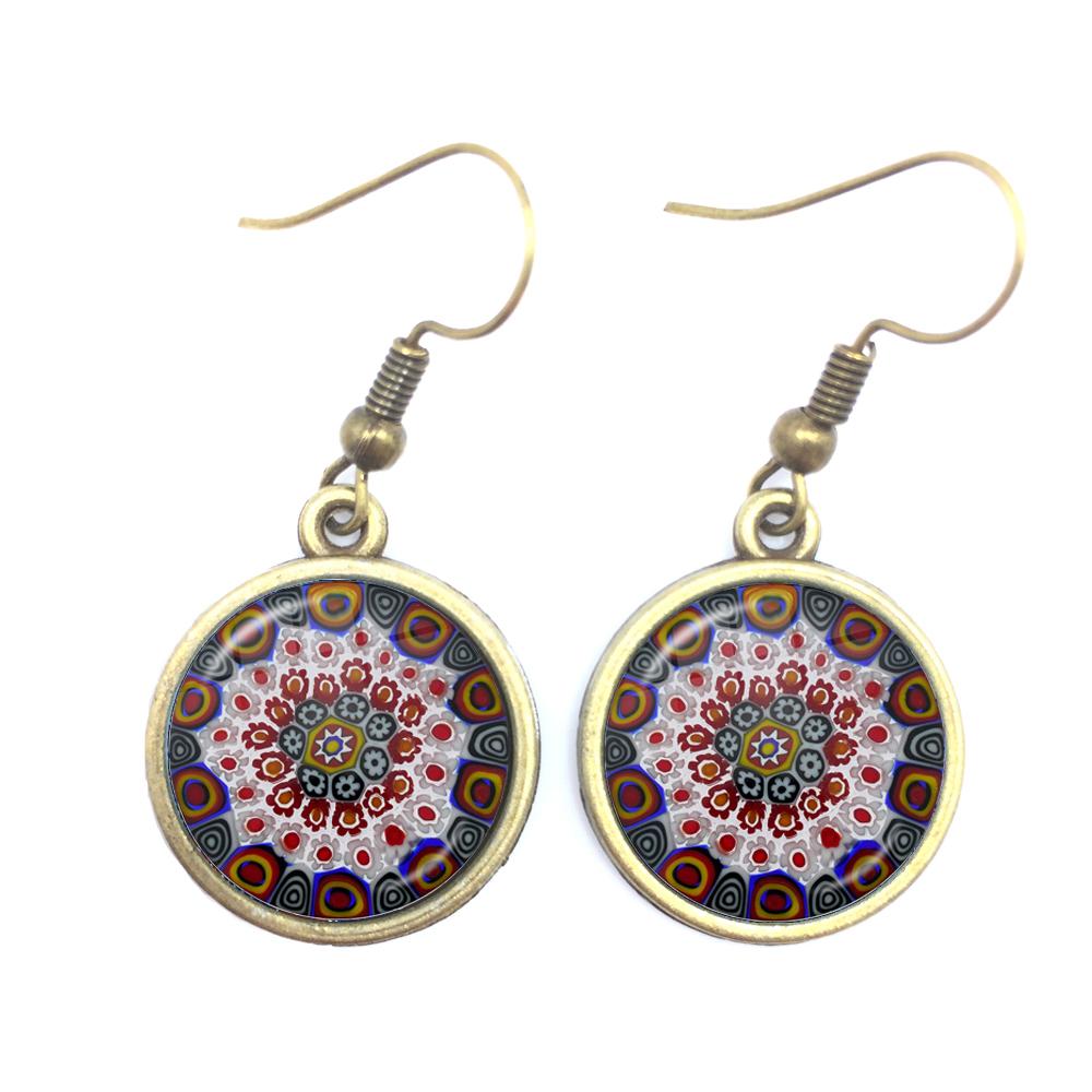 Murano Millefiori Drop Earrings MultiColour Flower 16mm Glass Cabochon Earring Jewelry For Women Girls Gift