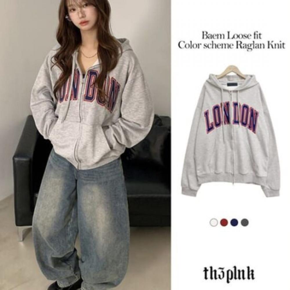 The Pink Women Loose Fit Vintage London Embroidery Patch Two Way Hooded Zip Up