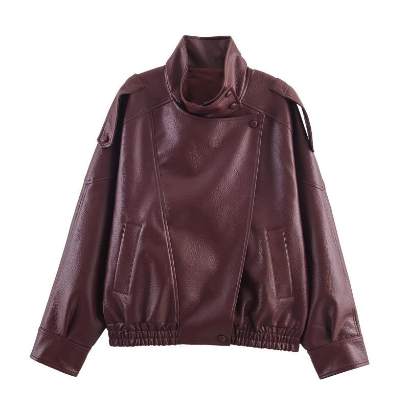European & American Women's Faux Leather Stand Collar Jacket - Hot Selling Fashion Coat