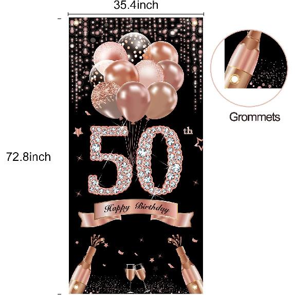 50th Birthday Door Banner Decorations for Women, Rose Gold Happy 50 Birthday Door Cover Sign Party Supplies, Fifty Year Old Bday Photo Props Decor