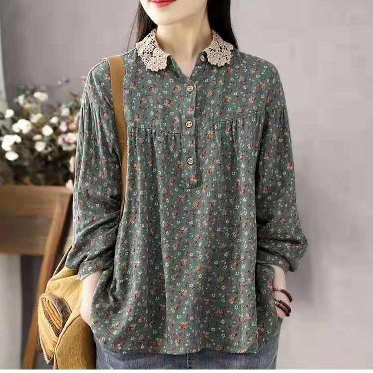 Women's Long Sleeve Blouse Polo Collar Vintage Floral Print Loose Fit Casual Shirt Top