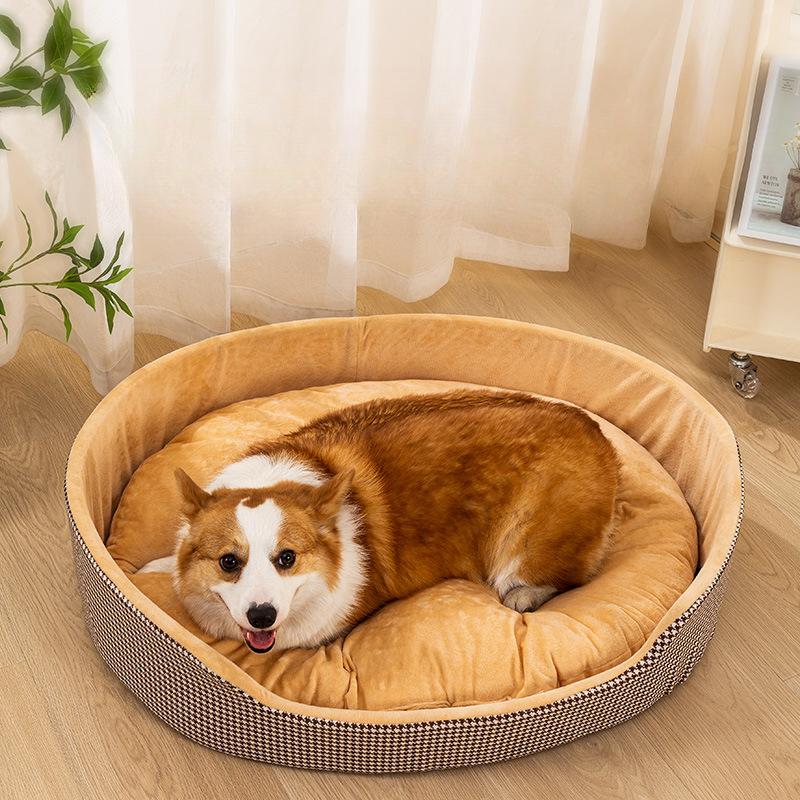 

Летнее новое гнездо для кошек, гнездо для собак, гнездо для домашних животных, клетчатое гнездо овальное с ковриком, плюшевое гнездо, устойчивое к укусам, нелипкое меховое гнездо для домашних животных S(50*42)