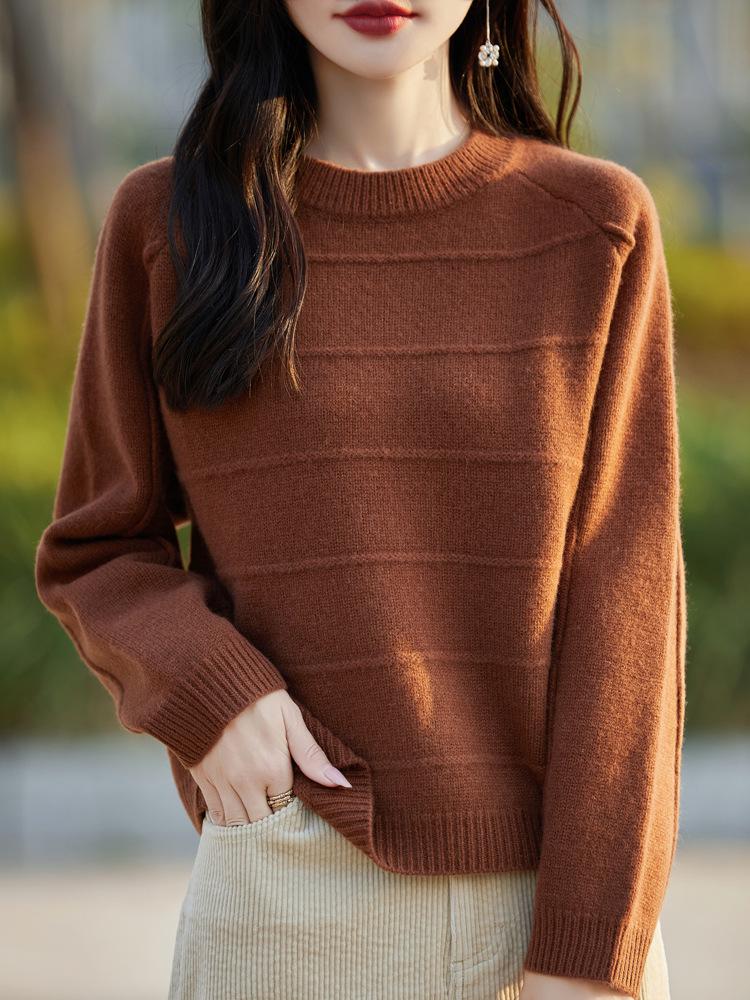 Women's Korean Style 100% Wool Round Neck Knit Sweater, Autumn/Winter Casual Loose Fit Base Layer Top