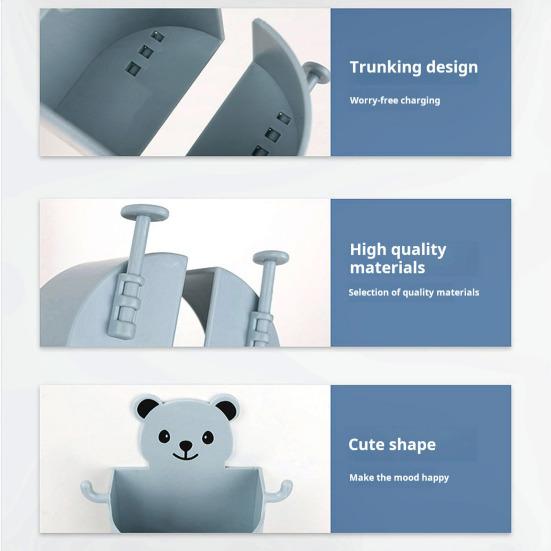 Bedside Phone Charging Storage Bracket Wall Mounted Self-adhesive Punch-free Anti-slip Cartoon Bear Shape with Multi Hooks Phone Holder Organizer