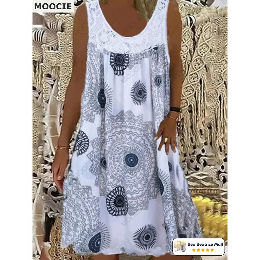 Letní dámské šaty bez rukávů Ležérní falešný dvoudílný kulatý výstřih Dámské džínové šaty Knoflíková ozdoba Volný střih A-line Dámské tílkové šaty