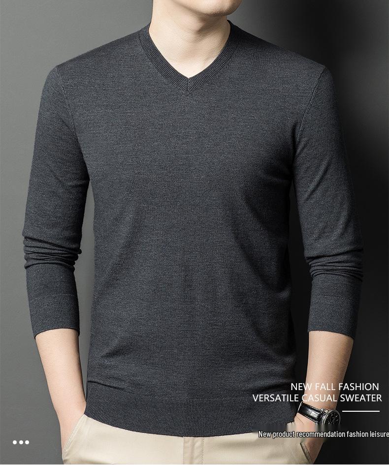 Men's Casual V-Neck Solid Color Knit Sweater - Autumn/Winter Long Sleeve Base Layer