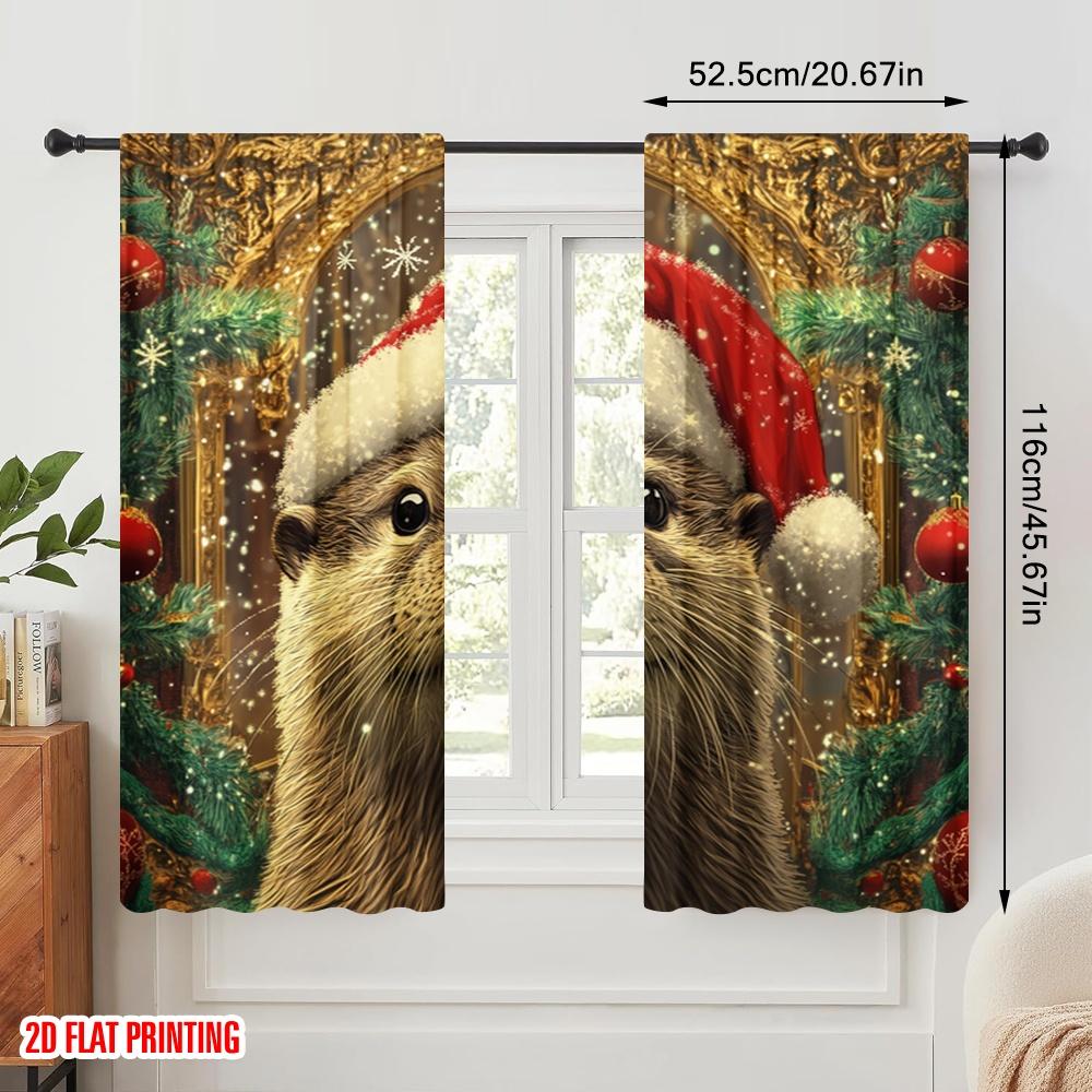 2pcs,2D plane printing Light Filtering Curtains Cute Otter Christmas Hat (3) Versatile Durable Polyester (without rod) Holiday