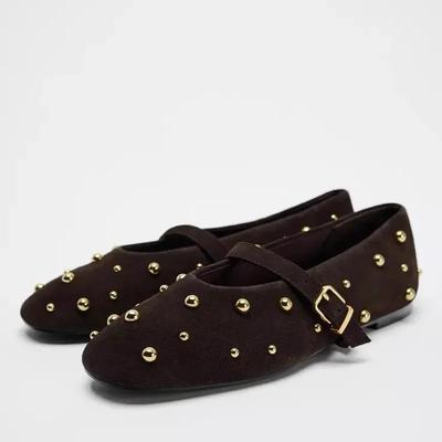 Scarpe Mary Jane Autunno 2025 di Marca da Donna Moda Borchie Camoscio Classiche Retro Marroni Casual Fondo Morbido Comode Ballerine da Donna