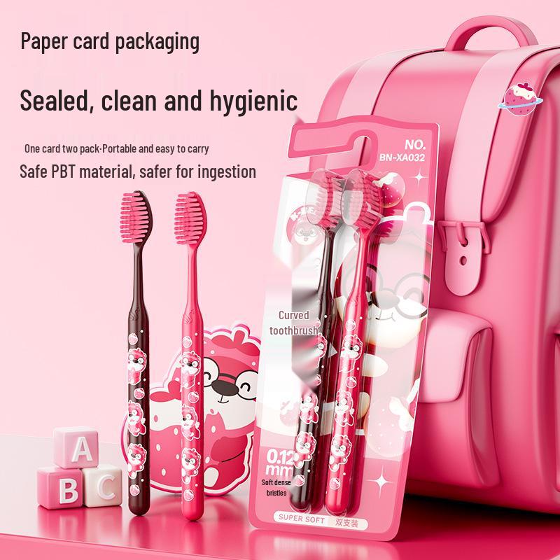 Benou Curved Adult Toothbrush Set - Cute Strawberry/Bear Design, Soft Bristles, Gum Protection, Two-Piece.