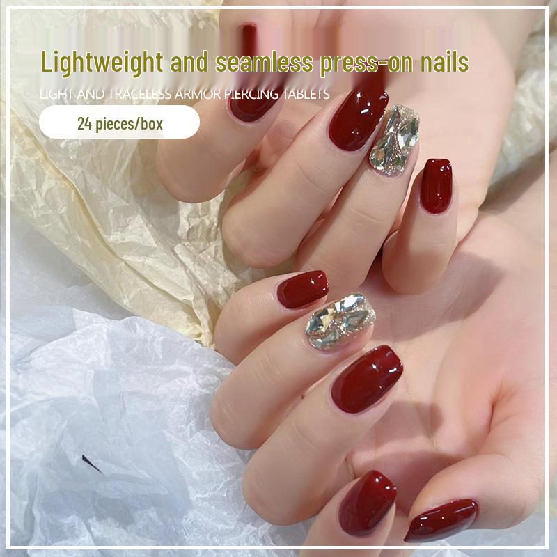 Spicy Girl Wine Red Crushed Diamond Medium-Long Nail Patches