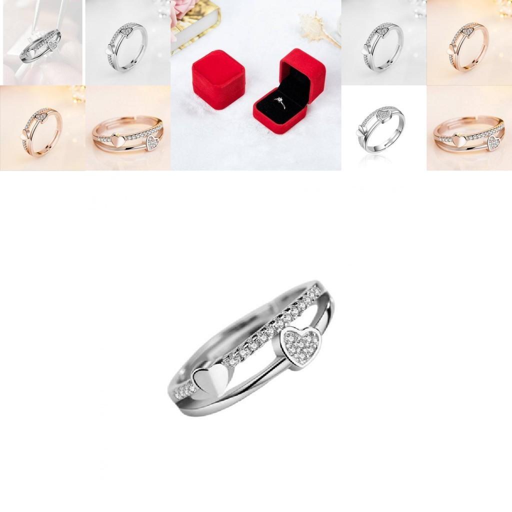 Three Jie Heart Shaped Diamond Inlaid Adjustable Opening Ring Couple Ring Silver Jewelry