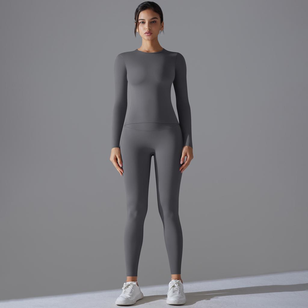 New Brushed Long Sleeved Yoga Suit with High Elasticity and Nude Feeling, Tight Fitting Sports Suit, Running and Fitness Two-piece Set for Women