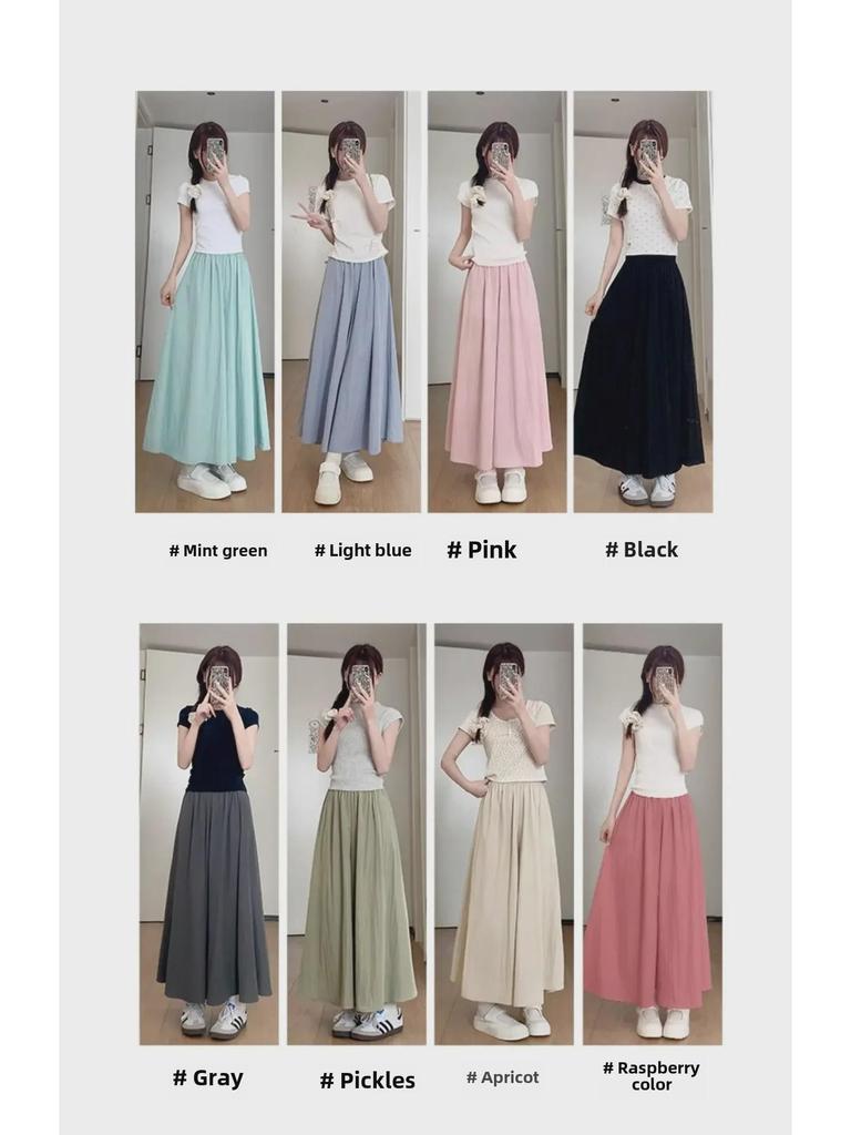 2025 Summer Women's Blue A-Line Pleated Midi Skort with High Waist and Wide-Leg Design