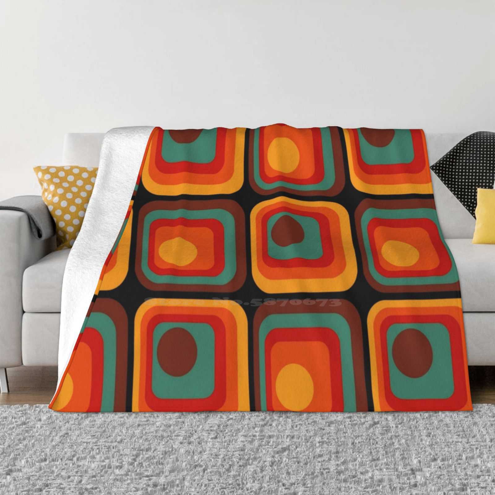 Retro Geometric Gradient Square And Circle Pattern 222 Fashion Soft Warm Flannel Blanket British Fashion Mod 60S Mod Fashion 30x40in