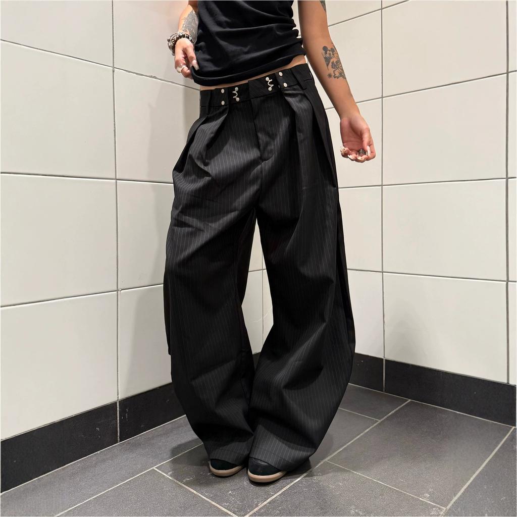 American Japanese Hong Kong Style High Street Retro Striped Pleated Scimitar Pants Men's and Women's High-end Casual Pants Tide