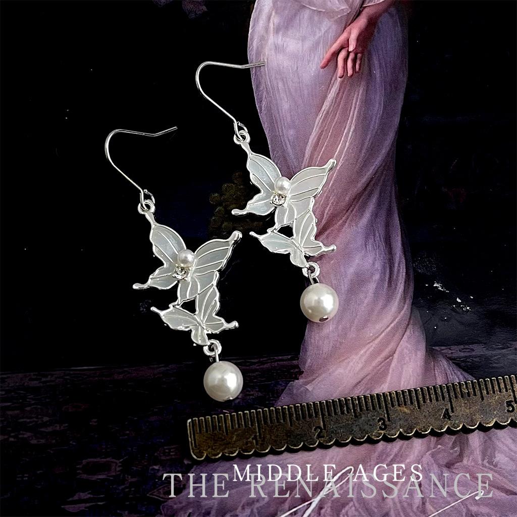 Vintage enamel drop glaze butterfly earrings literary oil painting pearl ear hook earrings women