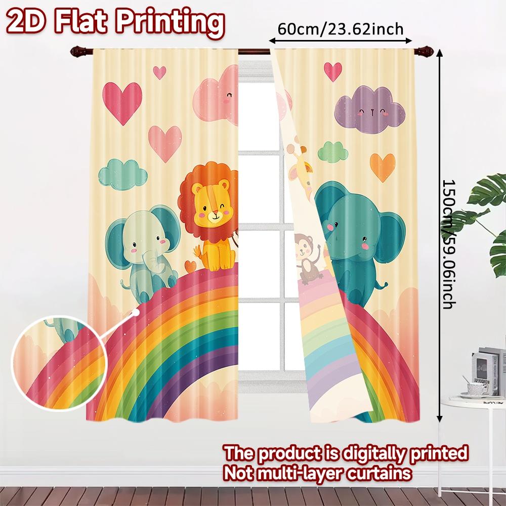 Set aus 2 flachen Druckvorhängen Regenbogen Niedliche Tiere Digitaldruck Polyester Festlicher Feiertag Perfekter Wohnzimmer Vorhang Für Groß