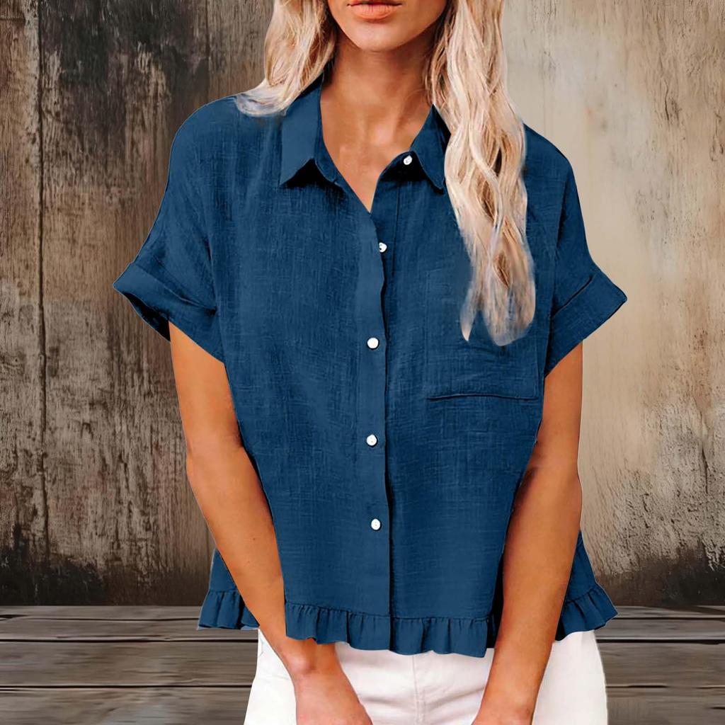 Women's Fashionable Loose-Fit Casual Shirt Button-Up Short-Sleeve Cotton-Linen Blend Top